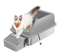 Feandrea Arenero para Gatos de Acero Inoxidable, Bandeja Alta con Apertura Superior, Escalón, Pala y Cepillo, para Gatos de hasta 15 kg, Gris Pizarra PPT008GN01