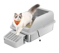 Feandrea Arenero para Gatos de Acero Inoxidable, Bandeja Alta con Apertura Superior, Escalón, Pala y Cepillo, para Gatos de hasta 15 kg, Gris Paloma PPT008GD01