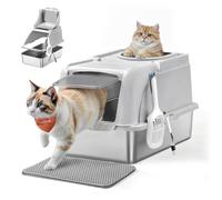 Feandrea Arenero para Gatos de Acero Inoxidable, Caja de Arena Cerrada con Tapa Abatible y Entrada Doble, Control de Olores, 61 x 40 x 36,5 cm, Gris, Colección Boxal PPT005G201