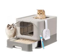 Feandrea Arenero para Gatos de Acero Inoxidable, Caja de Arena con Bandeja Extraíble, Pala, Cepillo, 2 Entradas, para Gatos de hasta 15 kg, Gris Claro y Gris Oscuro PPT004G101