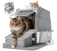 Feandrea Arenero para Gatos de Acero Inoxidable con Tapa, Caja de Arena Cerrada, 2 Entradas, Pala y Cepillo, para Gatos de hasta 15 kg, Gris Paloma PPT021G201
