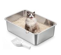 Feandrea Bandeja Sanitaria para Gatos de Acero Inoxidable, Arenero Abierto con Pala, 50 x 35 x 15 cm, para Gatos Medianos y Grandes, Plateado PPT016E101