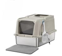 Feandrea Caja de Arena de Acero Inoxidable para Gatos con Tapa Abatible, Arenero XL, a Prueba de Fugas, Cuchara, Cepillo, Doble Entrada, Carga de Encimera de 15 kg, Gris Paloma/Beige Capuchino/Negro G
