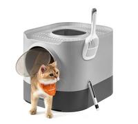 Feandrea Caja de arena para gatos con tapa, caja de arena cerrada XL con bandeja deslizante, cuchara, cepillo, para gatos grandes, antiseguimiento, antifugas, gris paloma y gris listones UPPT002B01