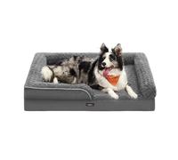 Feandrea Cama Perro Grande, Caseta para Mascotas, Ortopédica con Espuma Corrugada, Bordes Elevados Acolchados, Funda Extraíble Motivo Rosa Peluche, 106 x 81 x 18 cm, Gris Pizarra PGW253G02