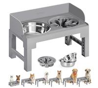 Feandrea Comedero Elevado para Perros con Soporte, 1 Comedero Lento y 2 Comederos de Acero Inoxidable 304, Altura Ajustable y Diseño Inclinado, Gris Paloma PRB103GD01