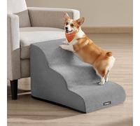 Feandrea Escalera para Perros de 3 Peldaños, Terciopelo Gofrado, para Cama, Sofá, Impermeable con Diseño Antideslizante, Pendiente Suave, Cubierta Lavable Extraíble, Asa, Gris Paloma PPS013GD01