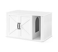Feandrea Mueble Arenero Oculto, Puertas Dobles, 85 x 49 x 50 cm | Estilo Granja, Casa para Gatos, Mesa Auxiliar, con Entrada Frontal, Asas, Blanco y Negro, Colección HAINS PCL012W01