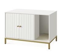 Feandrea PCL007W01 - Mueble de Cama para Gatos con Alfombra de rascado, Patas Altas, Mesa Auxiliar, 80 x 50 x 55 cm, Blanco y Dorado