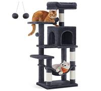 Feandrea Rascador para Gatos, Árbol para Gatos, Altura 112 cm, Torre con 4 Postes, 2 Plataformas, 1 Cueva, 1 Hamaca, 2 Pompones, Tela de Felpa, Multinivel, Gris Ahumado PCT261G01