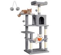 Feandrea Rascador para Gatos, Árbol para Gatos, Altura 143 cm, Torre con 4 Postes, 2 Plataformas, 1 Cueva, 1 Hamaca, 2 Pompones, Tela de Felpa, Multinivel, Gris Claro PCT161W01