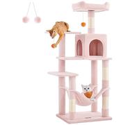 Feandrea Rascador para Gatos, Árbol para Gatos, Altura 143 cm, Torre con 4 Postes, 2 Plataformas, 1 Cueva, 1 Hamaca, 2 Pompones, Tela de Felpa, Multinivel, Rosa Caramelo PCT161P01