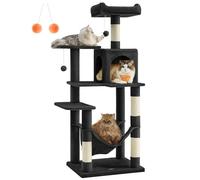 Feandrea Rascador para Gatos, Árbol para Gatos, Altura 143 cm, Torre con 4 Postes, 2 Plataformas, 1 Cueva, 1 Hamaca, 2 Pompones, Tela de Felpa, Multinivel, Negro Tinta PCT161B01