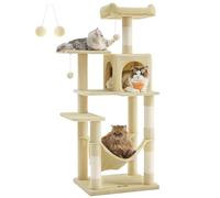 Feandrea Rascador para Gatos, Árbol para Gatos, Altura 143 cm, Torre con 4 Postes, 2 Plataformas, 1 Cueva, 1 Hamaca, 2 Pompones, Tela de Felpa, Multinivel, Beige PCT161M01