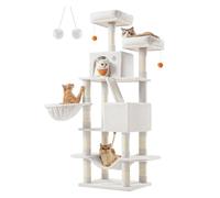 Feandrea Rascador para Gatos Grandes, 165 cm de Altura, Multinivel | Árbol, 13 Postes, 2 Plataformas, 2 Cuevas, Cesta, Hamaca, 2 Pompones, Blanco Cálido Claro, Colección CLAWFY PCT165T01
