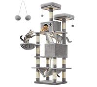 Feandrea Rascador para Gatos Grandes, Árbol para Gatos Grandes, 168 cm de Altura con 13 Postes, 2 Plataformas, 2 Cuevas, Cesta, Hamaca, Pompón, Multinivel, Gris Claro PCT165W01