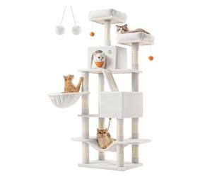 Feandrea Rascador para Gatos Grandes, Árbol para Gatos Grandes, 168 cm de Altura con 13 Postes, 2 Plataformas, 2 Cuevas, Cesta, Hamaca, Pompón, Multinivel, Blanco Crema PCT165T01