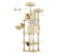 Feandrea Rascador para Gatos Grandes, Árbol para Gatos Grandes, 206 cm de Altura con 13 Postes, 2 Plataformas, 2 Cuevas, Cesta, Hamaca, Pompón, Multinivel, Beige PCT190M01
