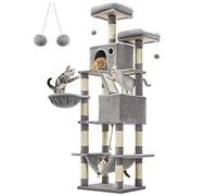 Feandrea Rascador para Gatos Grandes, Árbol para Gatos Grandes, 206 cm de Altura con 13 Postes, 2 Plataformas, 2 Cuevas, Cesta, Hamaca, Pompón, Multinivel, Gris Claro PCT190W01