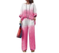 FEATEFACE Conjunto de lino para mujer, conjunto de traje blanco de 2 piezas para mujer, talla grande, pantalones, pantalones y blusas, conjunto de pantalones naranjas, Rosa degradado, M