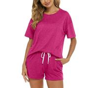 FEATEFACE Conjunto de pijama rojo para mujer, conjunto de pijama a juego para mujer, conjuntos cortos a juego para mujer, conjunto de pijama corto para mujer, Rosa Roja, XL