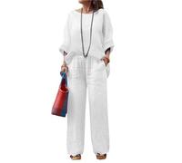 FEATEFACE Conjuntos de lino para mujer, conjunto de traje blanco de 2 piezas para mujer, talla grande, pantalones, pantalones y blusas, conjunto de pantalones naranjas, blanco, 4XL
