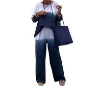 FEATEFACE Conjuntos de lino para mujer, conjunto de traje blanco de 2 piezas para mujer, talla grande, pantalones, pantalones y blusas, conjunto de pantalones naranjas, Gradient_navy, 5XL