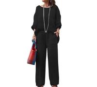 FEATEFACE Conjuntos de lino para mujer, conjunto de traje blanco de 2 piezas para mujer, talla grande, pantalones, pantalones y blusas, conjunto de pantalones naranjas, Negro, M