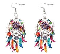 Feather Earrings for Women, Colorful Long Dangle Boho Earrings, Western Festival Jewelry for Beach, Concerts & Hippie Style (Colorful Feathers)