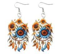 Feather Earrings for Women, Colorful Long Dangle Boho Earrings, Western Festival Jewelry for Beach, Concerts & Hippie Style (Sunflower Hoops)