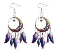 Feather Earrings for Women, Colorful Long Dangle Boho Earrings, Western Festival Jewelry for Beach, Concerts & Hippie Style (Moonlit Purple)