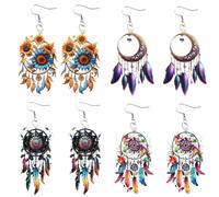 Feather Earrings for Women, Colorful Long Dangle Boho Earrings, Western Festival Jewelry for Beach, Concerts & Hippie Style (Set of 4)