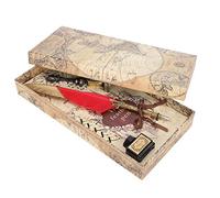 Feather Pen Set with Gold Nib, Vintage Dip Calligraphy Pen, Retro Writing Tool for Smooth Ink Flow, Includes 5 Refills Stamp Holder Wax Spoon Bottle, Ideal Gift for Writers Artists (Roja)