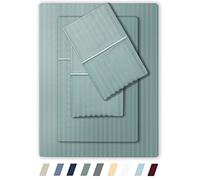 Feather & Stitch 500 TC Queen Size Damask Bed Sheet Set, 100% Cotton Soft Breathable Bedsheets, 4 Piece 18" Deep Pockets Sateen Weave Striped Bedding Mattress Resort Hotel Luxury- (Green, Queen)