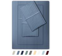Feather & Stitch 500 TC Queen Size Damask Bed Sheet Set, 100% Cotton Soft Breathable Bedsheets, 4 Piece 18" Deep Pockets Sateen Weave Striped Bedding Mattress Resort Hotel Luxury- (Blue, Queen)