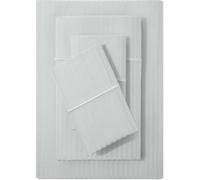 Feather & Stitch Juego de sábanas Damasco 500 Hilos, 4 Piezas, 100% algodón, Suaves y Transpirables, Bolsillos de 45,7 cm, Tejido satén a Rayas, Tipo Hotel vacacional (Azul Rubor, tamaño Queen)