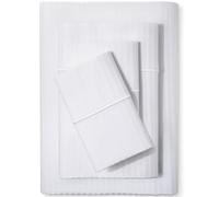 Feather & Stitch Juego de sábanas Damasco 500 Hilos, 4 Piezas, 100% algodón, Suaves y Transpirables, Bolsillos de 45,7 cm, Tejido satén a Rayas, Tipo Hotel vacacional (Blanco a Rayas, tamaño Doble)