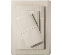 Feather & Stitch Juego de sábanas Damasco 500 Hilos, 4 Piezas, 100% algodón, Suaves y Transpirables, Bolsillos Profundos de 45,7 cm, Tejido satén a Rayas, Tipo Hotel vacacional (Beige, tamaño Queen)