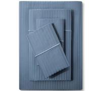 Feather & Stitch Juego de sábanas Damasco 500 Hilos, 4 Piezas,100% algodón, Suaves y Transpirables, Bolsillos Profundos de 45,7 cm, Tejido satén a Rayas, Tipo Hotel vacacional (Azul, tamaño King)