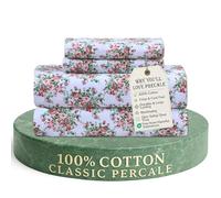 Feather & Stitch - Sábanas de Cama de 300 Hilos 100% algodón Tejido de percal + 2 Fundas de Almohada, se Adapta a colchones de 40.6 cm de Profundidad, Juego de Ropa de Cama Transpirable de 4 Piezas