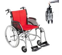 FeatherMobility - 14 libras - Silla de ruedas plegable ligera con cojín rojo y marco plateado - con ruedas oscilantes, antivuelcos y de liberación rápida
