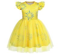 Febbabe Disfraz Joy para niñas pequeñas, vestido de princesa de tul con manga volada, disfraz de juego de rol de dibujos animados, fiesta de Halloween, cosplay, amarillo, 7-8 años