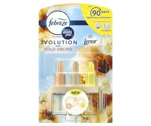 Febreze Ambientador enchufable de 3 Volution, difusor enchufable, 6 unidades, orquídea dorada, con un toque de lente, eliminador electrónico de olores para el hogar