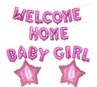 Fechy Globo de letras de bienvenida a casa para bebé niña con globos de aluminio de estrella para recién nacida, baby shower, decoración de fiesta familiar (estrella rosa)