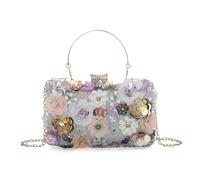 Fecialy Bolsos de mano de noche florales para mujer, con diamantes de imitación coloridos, bolso de mano floral para novia, boda, bolso de hombro con cadena, plateado