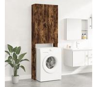 Fecpoo Armario para lavadora, roble ahumado, 64 x 25,5 x 190 cm, hecho de madera con 2 puertas y 3 compartimentos, sistema de organización de baño que ahorra espacio