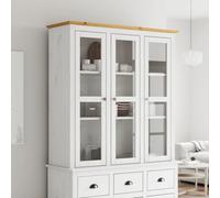 Fecpoo Armario vitrina con puertas de cristal BODO, 3 puertas y tiradores de metal, madera maciza de pino con revestimiento de cera, 115,5 cm de ancho
