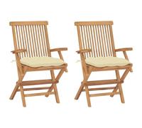 Fecpoo Juego de 2 sillas de jardín con cojín de poliéster blanco crema - Madera maciza de teca plegable, 45 cm de altura del asiento, para exteriores