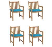 Fecpoo Juego de 4 sillas de jardín con cojines de poliéster de color azul, madera de teca maciza, 58 x 60 x 90 cm, resistente, duradera, para exteriores