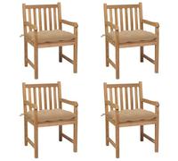 Fecpoo Juego de 4 sillas de jardín con cojines, madera de teca finamente pulida, 58 x 60 x 90 cm, cojines de poliéster beige para exteriores